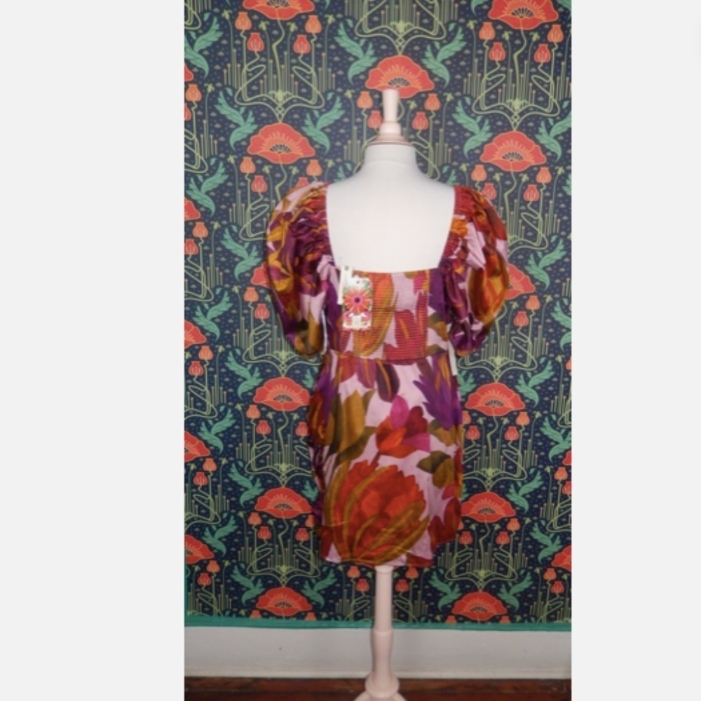 Farm Rio Anthropologie Puff Sleeve Square Neck Purple Green Mini Dress XL Nwt - Picture 9 of 9